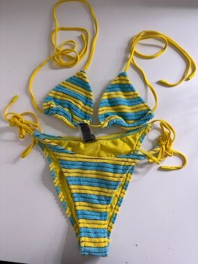 Striped Yellow & Blue Tie Bikini Set